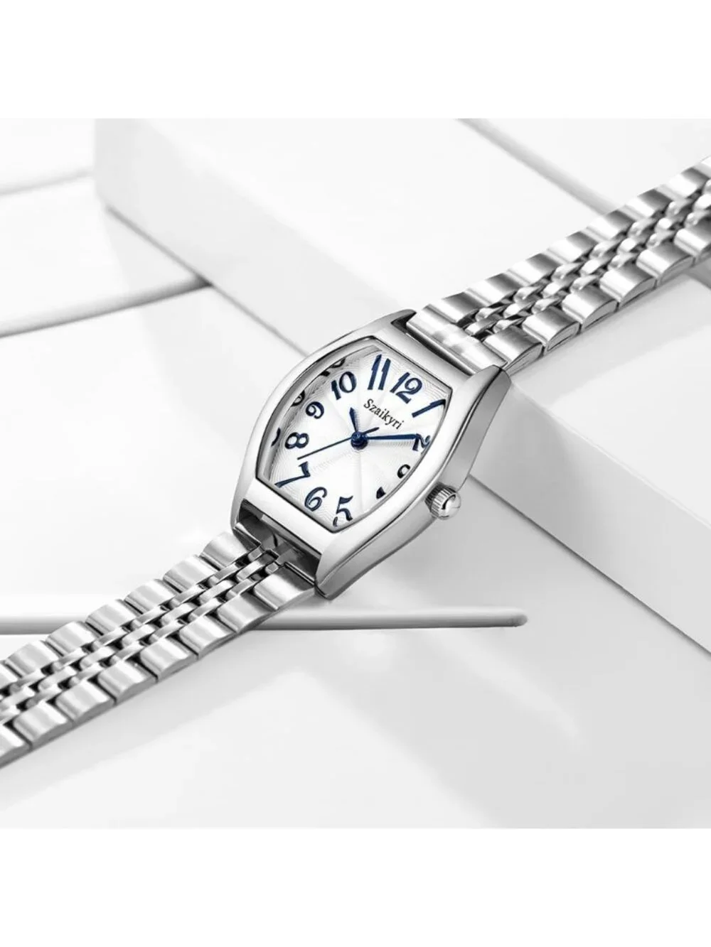 Women's Silver-Blue Barrel-Shaped Easy Read Arabic Numerals Dress Wrist Watch